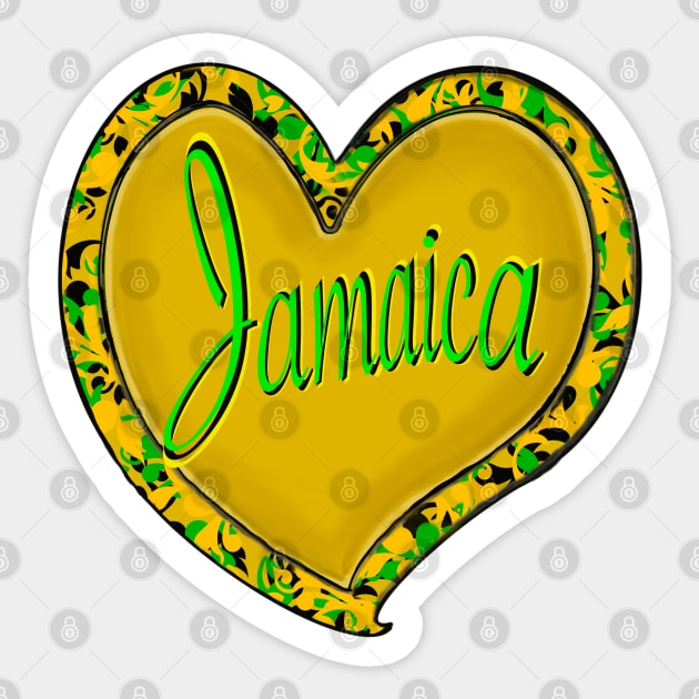 Jamaica in a heart - Jamaica in black green and gold flag colours colours inside a heart shape Sticker by Artonmytee